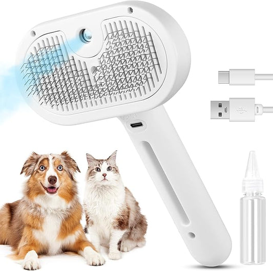 3 in 1 Cat Steam Brush, Pet Steam Brush for Cat Dog Long Short Haired, Pet Spray Hair Removal Comb for Small Animals Shedding & Grooming, Water Mist Spray Brushes with Release Button(White)