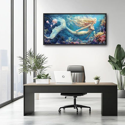 Extra Large Framed Mermaid Wall Art,Oversized Undersea Ocean Wall Decor,Colorful Coral Reefs Pictures for Living Room,Elegant Canvas Print Painting Modern Artwork Bedroom Bathroom 60L x 30W