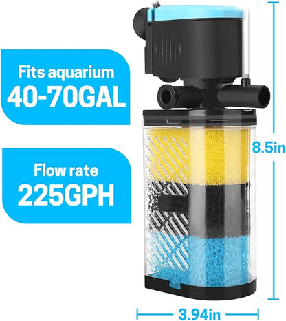 AquaMiracle Aquarium Filter 3-Stage in-Tank Filter Internal Fish Tank Filter Turtle Filter for 40-70 Gallon Fish Tanks with Dual Water Outlet & Aeration