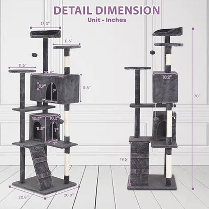 70 inches Cat Tower for Indoor Cats Multi-Level Cat Condos for XL Cat Tree Cat Climbing Tower with Scratching Posts, Hanging Toys,Light Gray