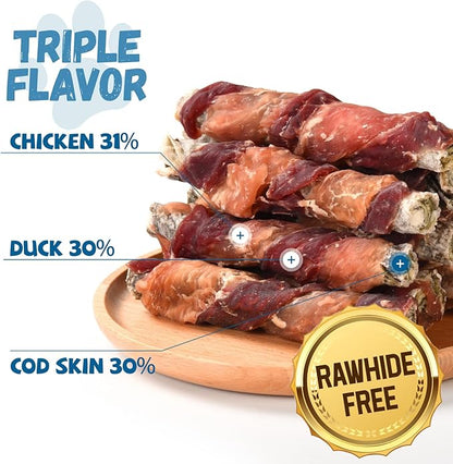 Dog Treats Chicken Duck Wrapped Cod Skin Sticks, Rawhide-Free, Grain-Free Dog Chewy Treats for Healthy Teeth and Coat,Training Treats for Small Medium Large Dogs, 9-10 Counts