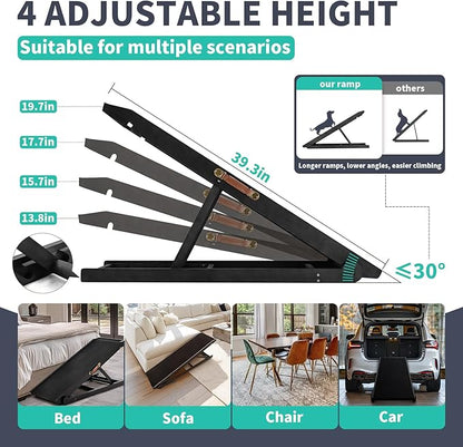 Dog Ramp for Bed, Adjustable Pet Ramps for Dog to Get on Bed, Non-Slip Rubber Surface - Folding Wooden Dog Ramp for Small/Large/Old Dogs, Adjustable up to 19.5 inch High Beds