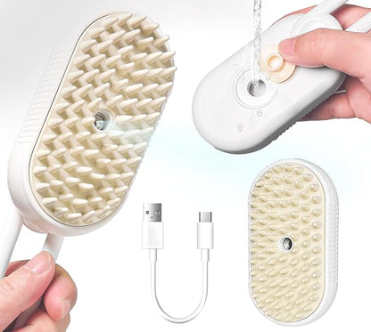3-in-1 Rechargeable Steam Brush for Cats & Dogs - Anti-Static Spray Pet Grooming Brush with Warm Mist Massage, Hair Shedding Control, Detangling Comb & Cleaning Tool for Effective Deshedding