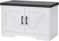 2-Tier Storage Bench, Shoe Bench with Padded Seat Cushion, Entryway Bench with 2 Barn Doors, Adjustable Shelf, 13.8" D x 27.6" W x 17.7" H, for Entryway, Living Room, Bedroom, White