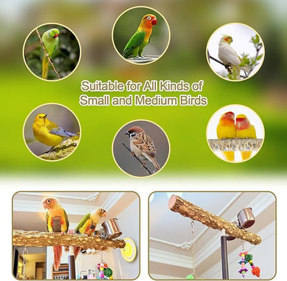 18-27 Inch Height Adjustable Bird Perch Pepper Wood Desktop Bird Training Perch Stand with Feeding Cups and Swing Toy Parakeet Perches Indoor and Outdoor Parrot Stand for Small to Medium Birds