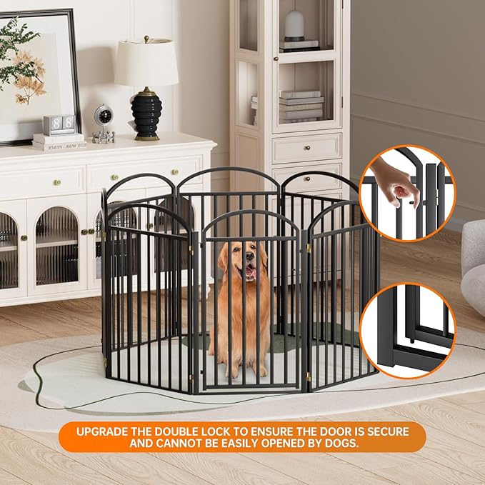 8 Panles Full Matel Freestanding Dog Gates with Door, 192"Extra Wide 36"Tall Free Standing Dog Pet Gate for Indoor & Outdoor. Foldable Pet Fences for Doorways, House, Stairs, Porch, Deck, Yard