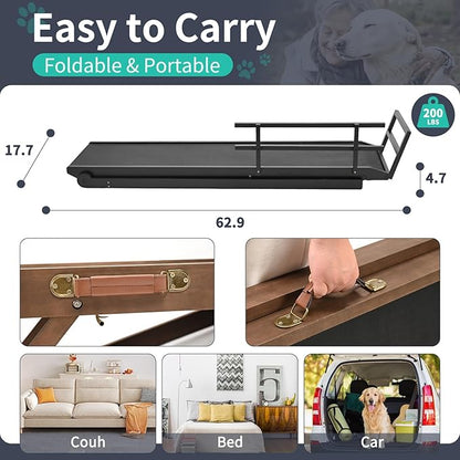 Dog Ramp, 5 Level Adjustable Height Folding Pet Ramp for High Bed, Portable Paw Ramps Large Bed Ramp for Medium & Large Old Dogs & Cats - Natural Wood Furniture Quality