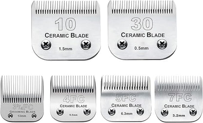6Pack 10Blades Dog Grooming Replacement Blades Compatible with Andis Pet Clipper/Oster A5/Wahl KM Series Dog Clipper,Ceramic Blade & Stainless Steel Blade (#10+30+5FC+7FC+3FC+4F)