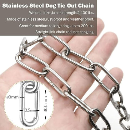 25ft Dog Chains for Outside - Heavy Duty Tie Out Chain Leash Great for Small to Large Dogs Up to 200Lbs - Chew Proof Long Chain for Yard Camping or Travel