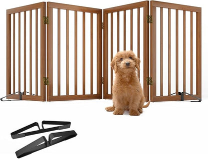 Freestanding Pet Gate Foldable 4 Panel Dog Gate Walnut Dog Gates for Stair Doorways House Indoor (2 Support Feet Included)