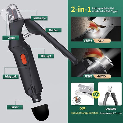 2 in 1 Dog Nail Clippers & Cat Nail Clippers Trimmers for Large Medium Small Dogs Cats Claw Trimmer Quick Sensor and Safety Guard USB Rechargeable Dogs Nail Trimmer with Catcher & 2 LED Lights