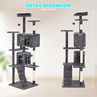 FDW Cat Tree 70in Cat Tower Multi-Level Durable Cat Scratching Post & Cozy Fun Cat Jumping Platform Space Saving Cat Condo Pet Play House for Indoor Cats,Light Gray