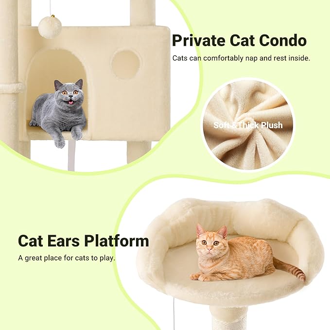 Allewie 64 Inches Cat Tree Tower/Multi-Level Activity Center for Indoor Big Felines/2 Plush Condos/2 Perchs/Basket/House/Sisal Scratching Posts/Hanging Cat Toys/Beige