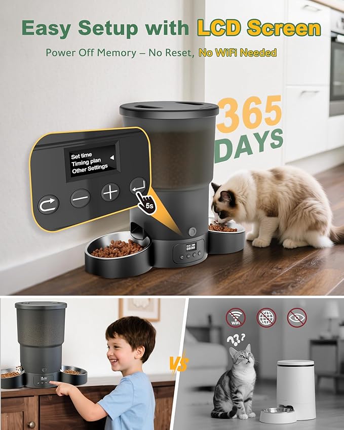 Gimars 5L Automatic Cat Feeder for 2 Cats, Programmable 1-6 Meals Cat Food Dispenser with Stainless Steel Bowl, Easy Setup, Dual Power Supply,10s Meal Call Timed Pet Feeder for Cats and Small Dogs