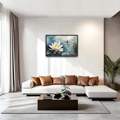Extra Large Lotus Dragonfly Framed Wall Art for Living Room,Abstract Blue Lotus Flower Lake Pictures Wall Decor,Nature Canvas Print Painting Modern Artwork Bedroom Office Bathroom 36L" x 24W"