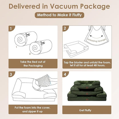 EHEYCIGA Orthopedic Dog Beds for Large Dogs, Waterproof Memory Foam Large Dog Bed with Sides, Non-Slip Bottom and Egg-Crate Foam Pet Couch Bed with Washable Removable Cover, Dark Green