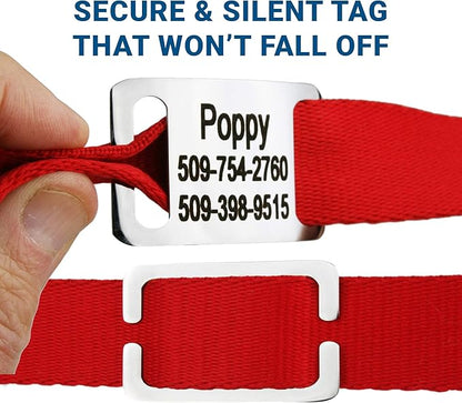 GoTags Personalized Dog Collar with Nameplate, Adjustable Dog Collar with Custom Engraved Slide On Pet ID Tag in Stainless Steel, Silent, No Noise Dog Tag for Large Medium and Small (Red, Medium)