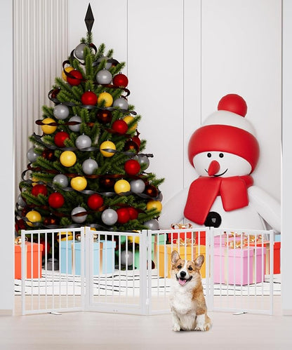 Full Metal Freestanding Dog Gate with Door, 24'' Height Foldable Pet Dog Fence for Indoor & Outdoor, 4 Panels Extra Wide Free Standing SmallDog Gates for Doorways,House,Stairs,Porch,Deck,Yard