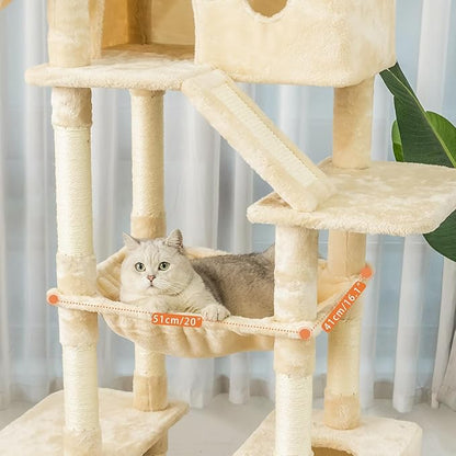 73 inches Large Cat Tree for Indoor Cats, Tall Cat Tower with Sisal Scratching Posts and Pads, Padded Plush Perch, Cozy Basket, Plush Condo for Large Cats (Beige)