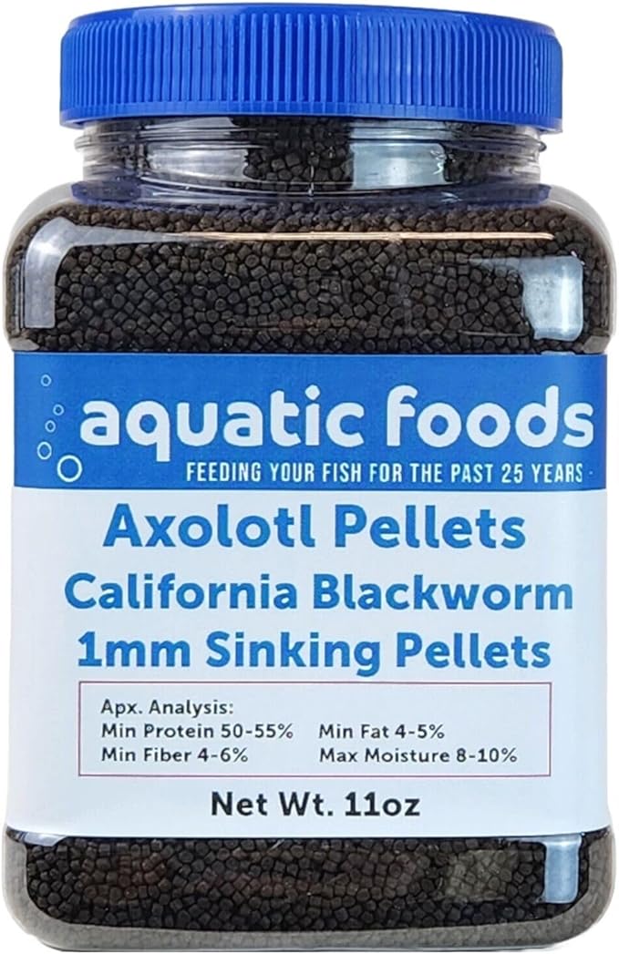 Aquatic Foods Inc. Axolotl Blackworm Pellets. 1mm-1/32 Sinking California Blackworm Micro Pellets for Baby Axolotl, Frogs, Shrimp, Salamanders, Newts, Snails…11oz Jar