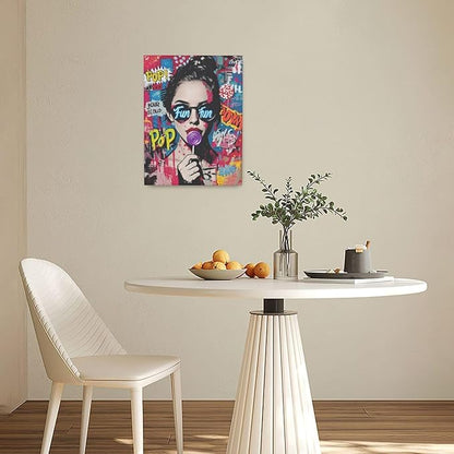 Fashion Women Wall Art Glam Modern Artwork for Girls Banksy Street Graffiti Pop Art Canvas Pictures Painting Print Framed Decorations Gifts for Bedroom Living Room Office 12"x16"