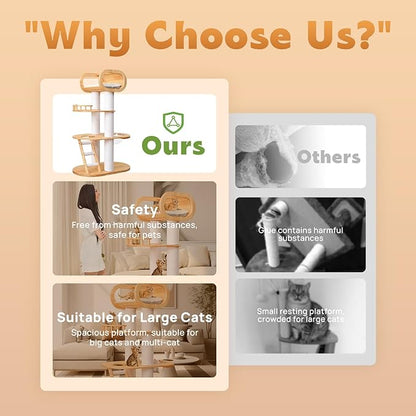 63.6'' Modern Cat Tree Indoor, Solid Wood Cat Tree with Scratching Post for Multi-Cat Families, Tall Cat Tower with Auxiliary Stairs, Huge Condo for Large Cats