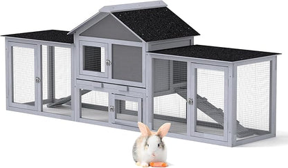 82.5” Large Wooden Rabbit Hutch Outdoor Easy to Assemble Rabbit Cage and Durable Bunny Hutch Indoor with Cleaning Tray & Waterproof Roof for Small and Medium Bunny Rabbit Chick (Grey)