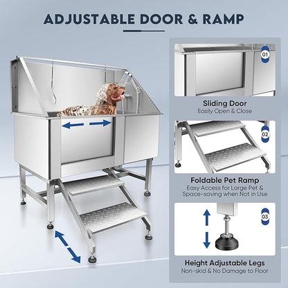 62" Pet Dog Bathing Station,Professional Stainless Steel Dog Grooming Tub,Pet Bathing Tub Dog Bathing Station with Faucet Walk-in Ramp Accessories,Commercial or Household use, (Extra Large)