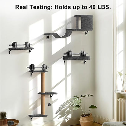 FUKUMARU Cat Wall Shelves, Stable & Safe 4 in 1 Cat Furniture Set, Wooden Climbing Wall with Scratching Post for 16 Inch Drywall - Gray