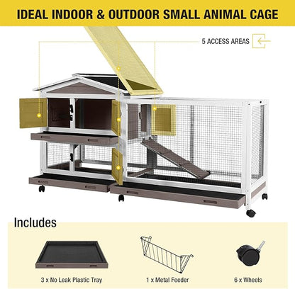 Aivituvin Rabbit Hutch 62" Rabbit Cage Indoor Outdoor Chicken Coop Guinea Pig Cage on Wheels Bunny Cage with 3 Deep No Leakage Pull Out Tray,Waterproof Roof (Brown)