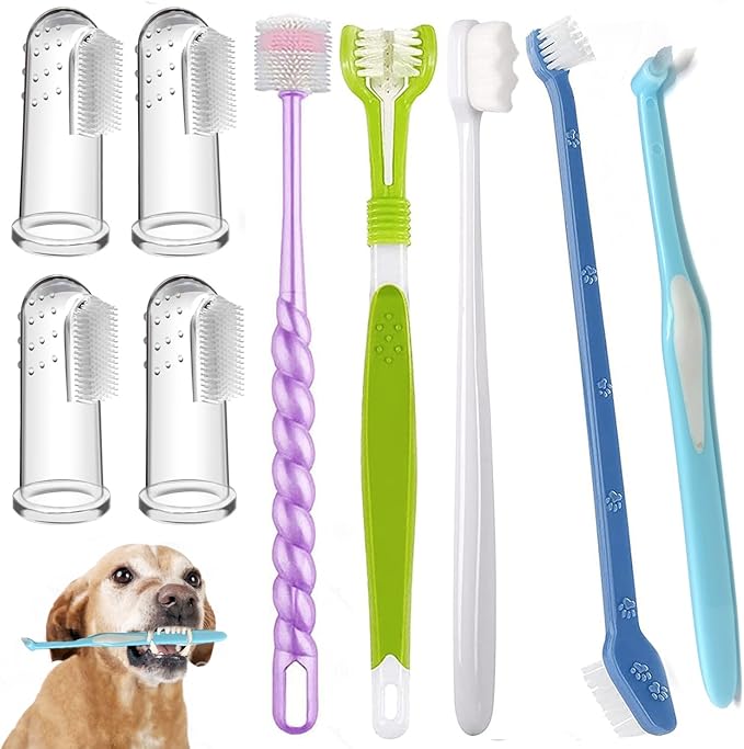 Dog Toothbrush, Finger Toothbrushes, 360 Degree Toothbrush, Triple Head Dog Toothbrushes, Double Head Toothbrush,Cleaning Brushes for Dog Cat Oral Dental Health (Blue, L)