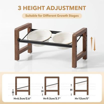 5.5inch Ceramic Adjustable Raised Double Bowls Set with Stand, 3 Heights Elevated, 2 Placement Options,Food and Water Dishes for Puppy, Cats（Double Bowls+Stand, Reactived Glaze -White