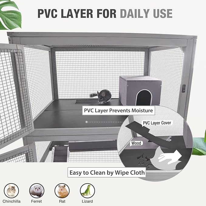 Ferret Cage Rat Cage Indoor Outdoor, Large Guinea Pig Cages with 4 Levels, Wooden Chinchilla Cage with Wheels for Hamster, Chameleon, Gerbils and Other Small Animals Anti-Chewing