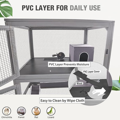 Ferret Cage Rat Cage Indoor Outdoor, Large Guinea Pig Cages with 4 Levels, Wooden Chinchilla Cage with Wheels for Hamster, Chameleon, Gerbils and Other Small Animals Anti-Chewing