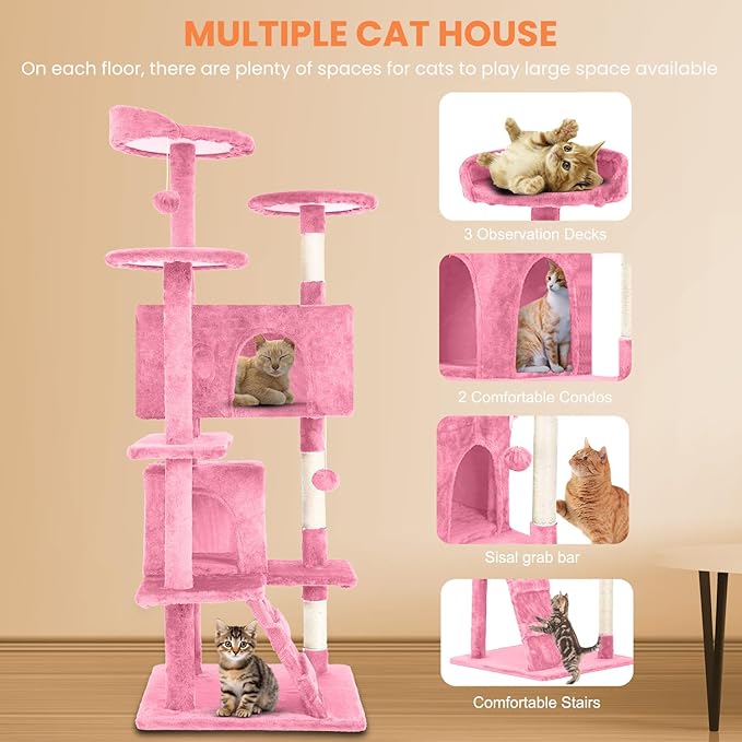 54.7 inches Cat Tower for Indoor Cats, Multi-Level Cat Condos with Scratching Posts, Hanging Toys, Pink