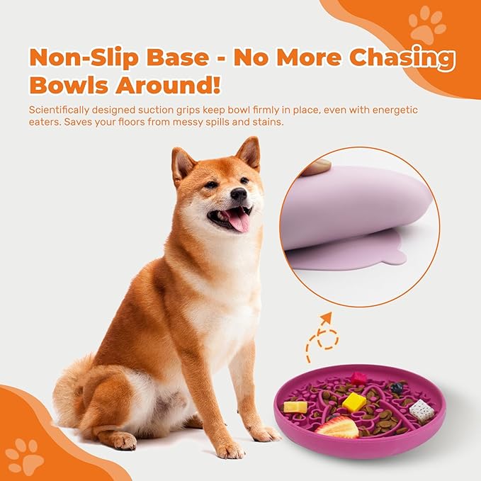 Dog Slow Feeder Bowl, Silicone Dog Bowl, Non-Slip Suction Cups Design,Boring and Anxiety Reducer.(Light Purple)