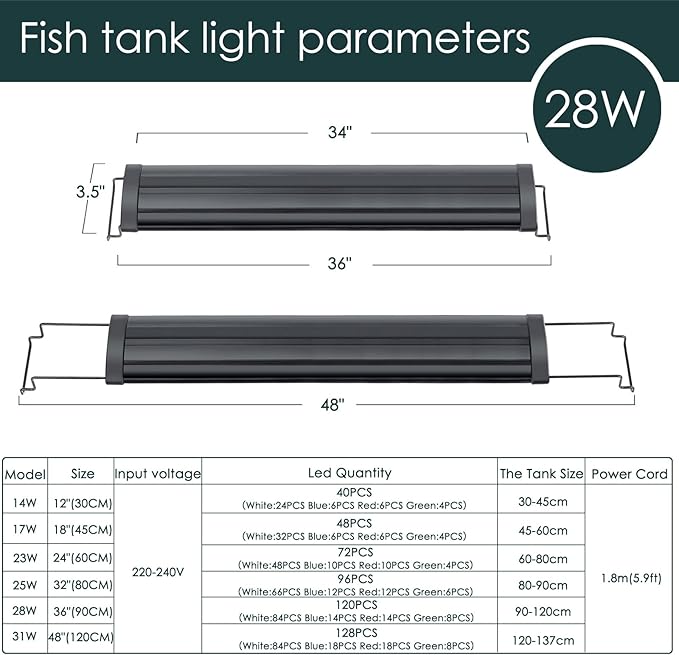 AQQA Aquarium Light,Full Spectrum LED Fish Tank Lights,12"-54" Adjustable Multi-Color White Blue Red Green LEDs with Extendable Brackets,14W-31W for Freshwater Plants (28W (36"-48"))