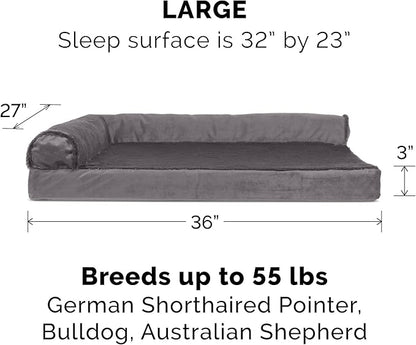 Furhaven Cooling Gel Dog Bed for Large/Medium Dogs w/ Removable Bolsters & Washable Cover, For Dogs Up to 55 lbs - Plush & Velvet L Shaped Chaise - Platinum Gray, Large