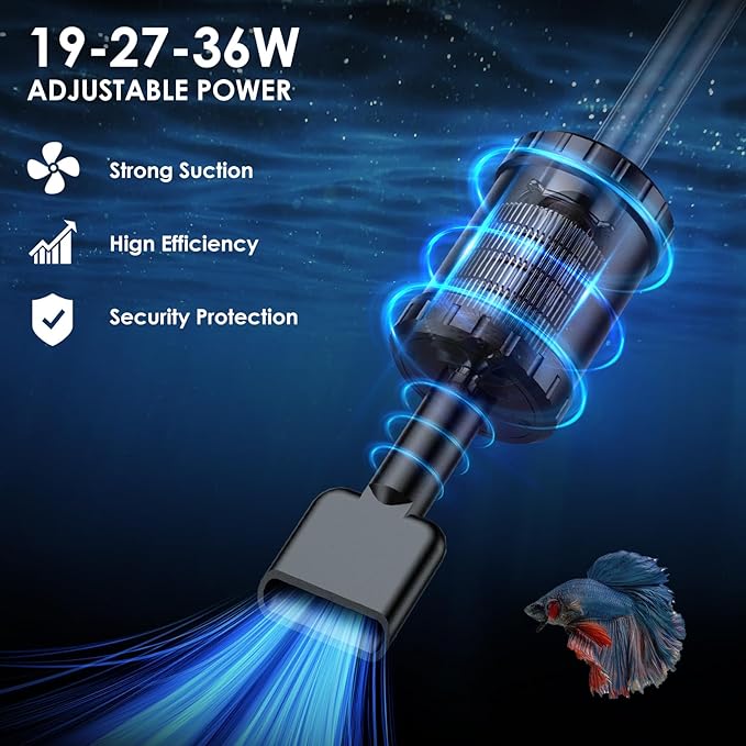 36W Fish Tank Vacuum Gravel Cleaner Electric: Aquarium Vacuum Gravel Cleaner with Strong Suction for Automatic Water Change Algae Cleaner Sand Wash Water Circulation and Water Shower, Timed Off