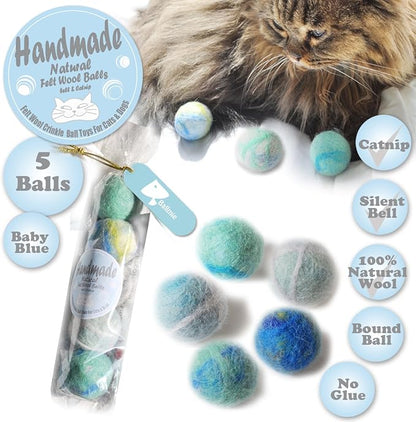 Felt Wool Cat Toys Ball with Catnip and Bell, Natural Handmade (Baby Blue (5 Units))