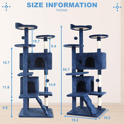 FDW Cat Tree 54in Cat Tower Multi-Level Durable Cat Scratching Post & Cozy Fun Cat Jumping Platform Space Saving Cat Condo Pet Play House for Indoor Cats,Navy Blue