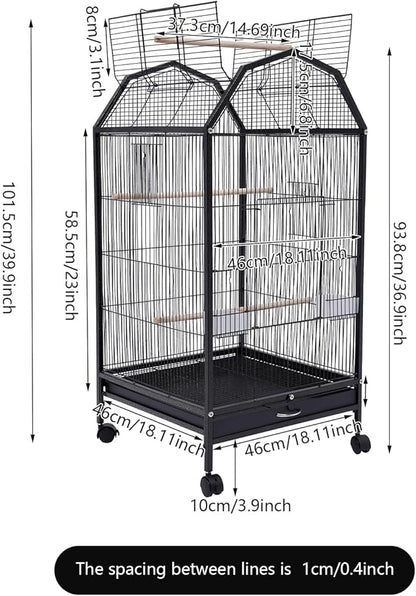 40-Inch Wrought Iron Bird Cage with Open-Top and Rolling Stand, Movable Parrot Cage Pet Bird Flight Cage, 360 Degree View Spacious Interactive Roof Pet Bird House for Medium&Small Birds