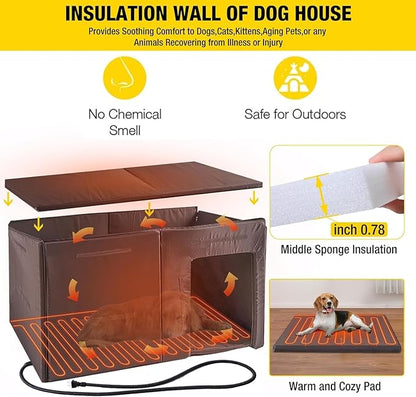 Aivituvin Extra Large Dog House Outdoor Heated Dog Kennel with Insulation Liner for Winter Strong Iron Frame Insulated Dog Cage with Heater,59"