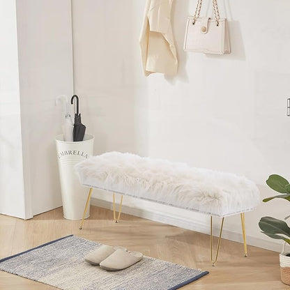 46 Inch White Bedroom Bench, Benches for Bedroom White Faux Fur Upholstered Bed end Bench, Tufting Ottoman Bench Indoor Bench with Metal Legs for Living Room Bedroom Entryway, White