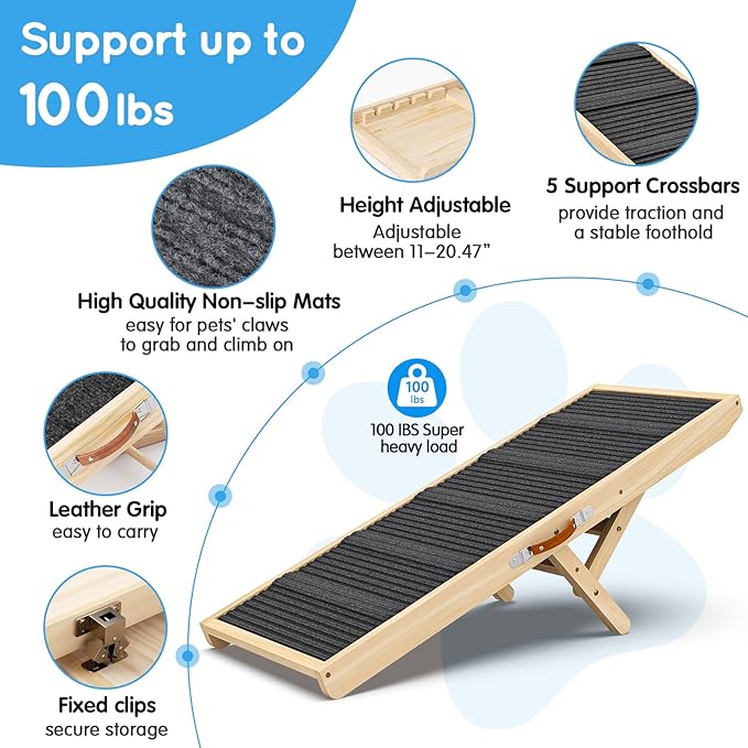 Dog Ramp for Couch, Bed, Wooden Long Pet Stairs for Small & Large Old Dogs & Cats, Hold up to 100lb, Adjustable Height from 11.41" to 20.47", Portable Doggie Steps (39.37" Long)