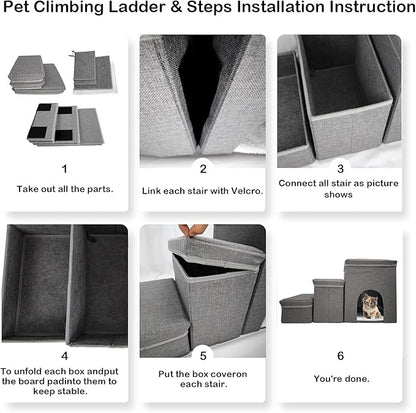 Dog Stairs with Storage Dog Steps for High Beds 3-Step Pet Stairs Ramp with Storage Box and Condo for Small Dogs Cats Pets