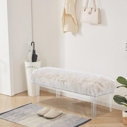 46 Inch White Bedroom Bench, Benches for Bedroom White Faux Fur Upholstered Bed end Bench, Tufting Ottoman Bench Indoor Bench with Acrylic Legs for Living Room Bedroom Entryway
