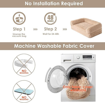 EHEYCIGA Foldable XXL Dog Bed, Faux Fur Fluffy Pet Couch Bed for Extra Large Dogs, Orthopedic Calming Memory Foam Big Pet Bed, Washable Soft Pet Sofa Bed with Non-Slip Bottom, Camel, 54"x38"x7.5"