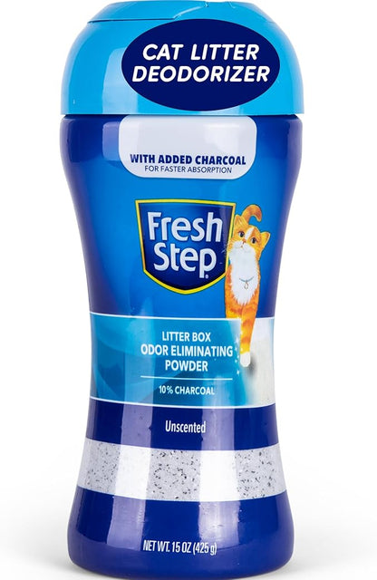 Fresh Step Cat Litter Box Odor Eliminating Powder with Charcoal, Unscented Cat Odor Eliminator for Home, Odor Absorber Cat Litter & Housebreaking Supplies, 15 Ounce