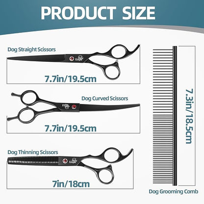 7.0" Professional Dog Grooming Scissors Kit – 3-Piece Set with Straight, Curved & Thinning Shears, Black Japanese Stainless Steel, Includes Grooming Comb for Dogs & Cats